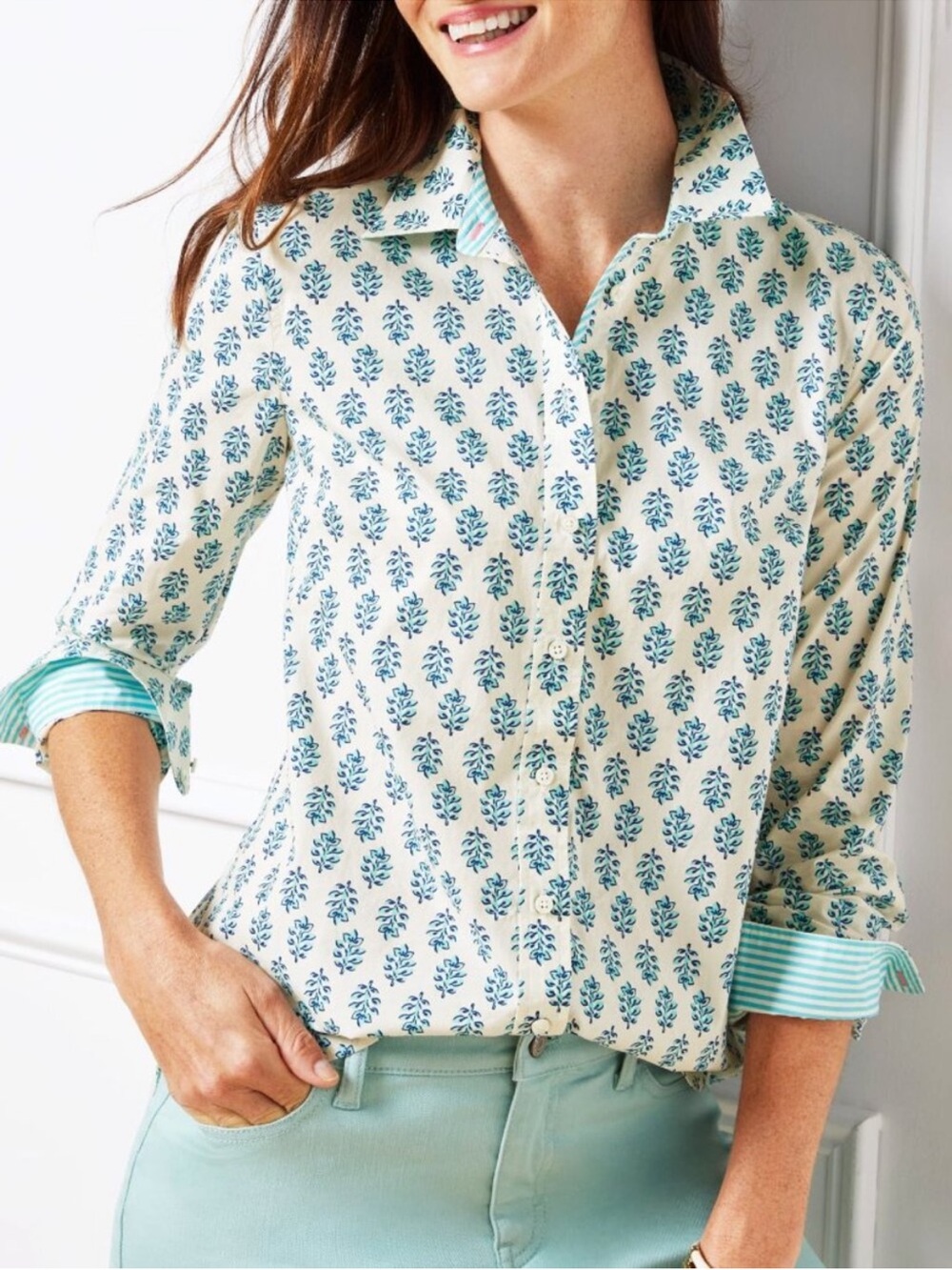 Talbots Cream Shirt with Green  Floral Print